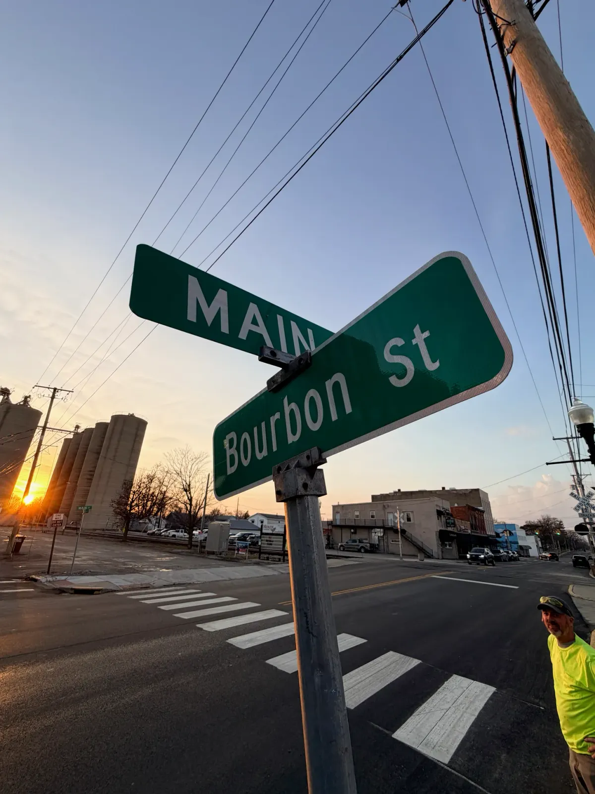 The corner of Bourbon Street & Main at sunset — Antwerp, Ohio
