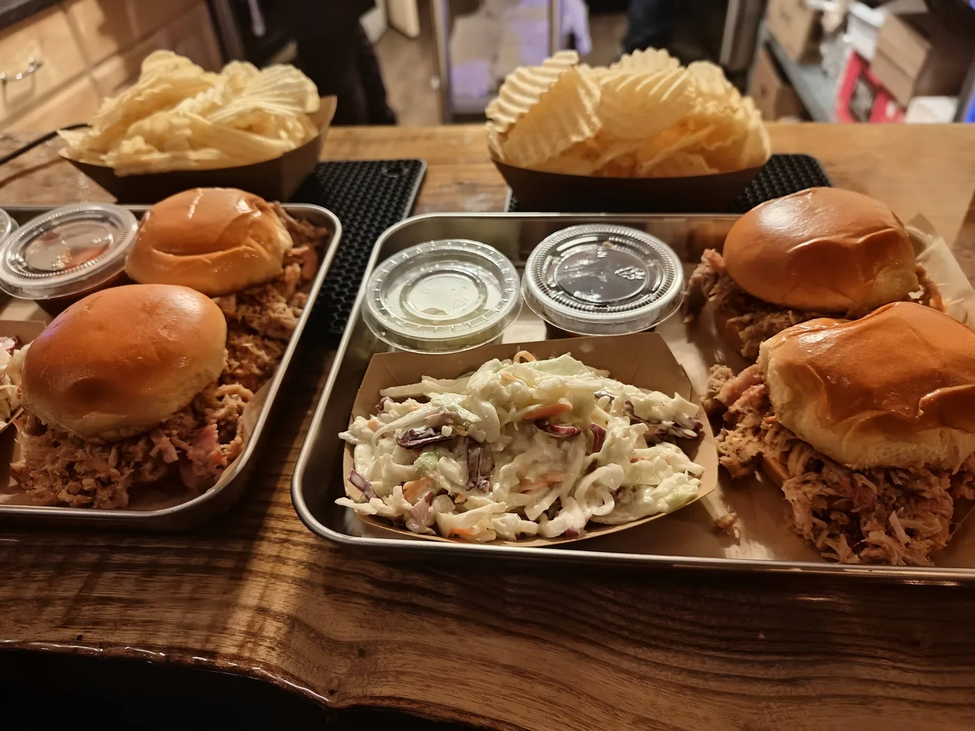 Pulled pork sliders with coleslaw and ridge-cut chips